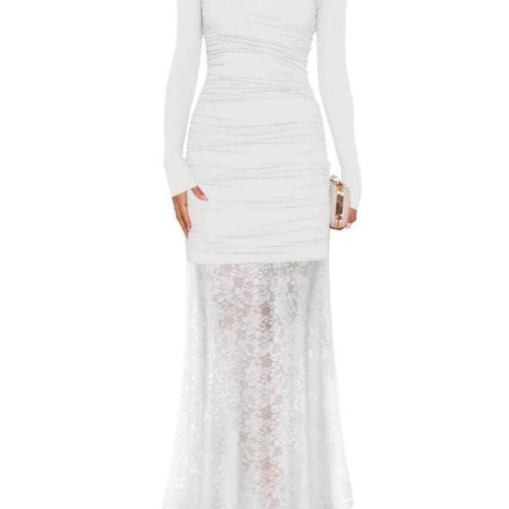 ZESICA White Off Shoulder Bodycon Ruched Lace Maxi Dress Wedding Guest Large